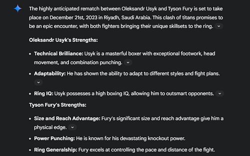 Screenshot of Google's AI prediction for Oleksandr Usyk vs. Tyson Fury 2