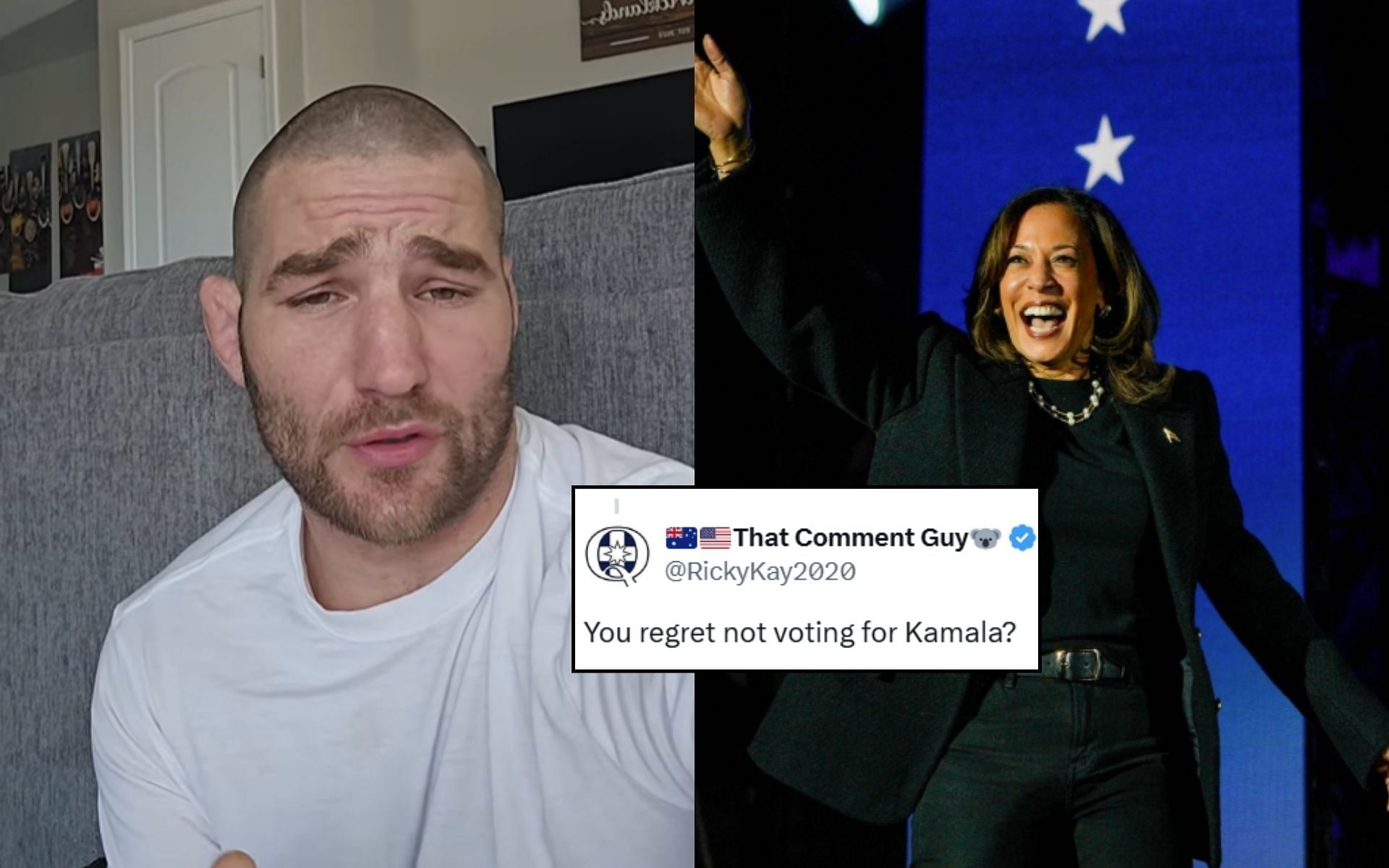 Sean Strickland (left) reacts to a question (insert) on whether or not he regrets not voting for Kamala Harris (right). [Image credit: @stricklandmma, @kamalaharris on Instagram, @StricklandMMA on X]