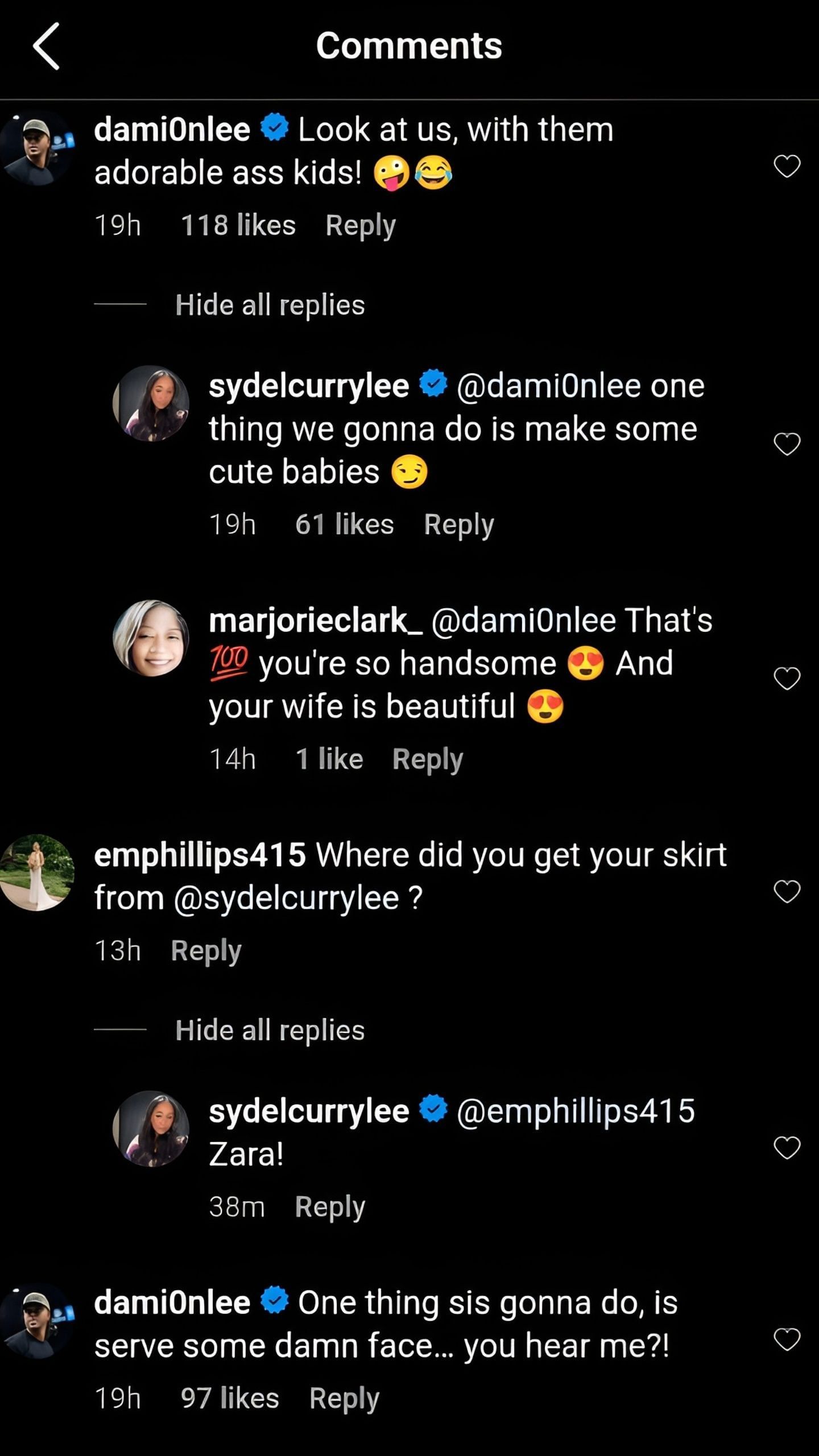 Sydel Curry and Damion Lee&#039;s comments on the post [Credit: IG/@sydelcurrylee]