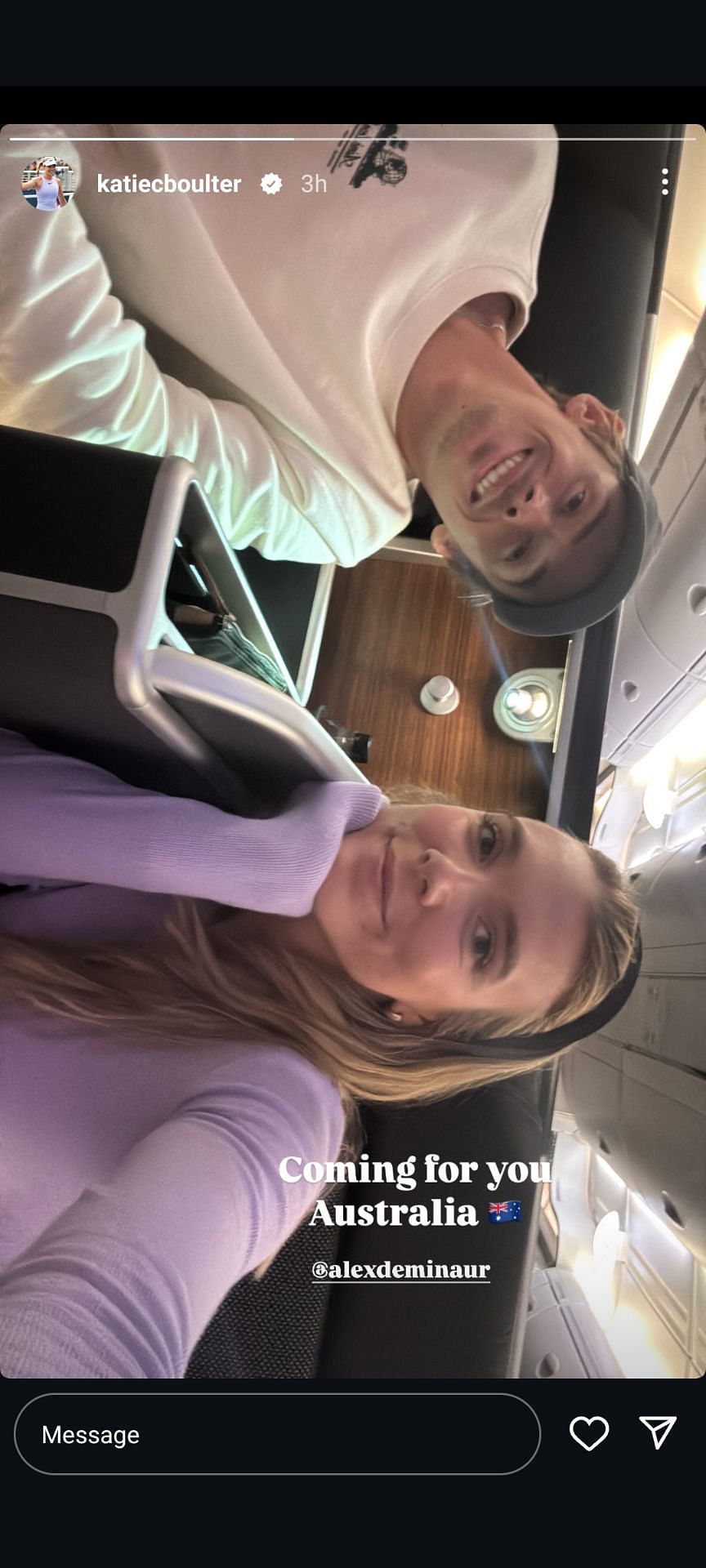 Katie Boulter and Boyfriend Alex de Mainur flying off to Australia, (Source: Instagram)