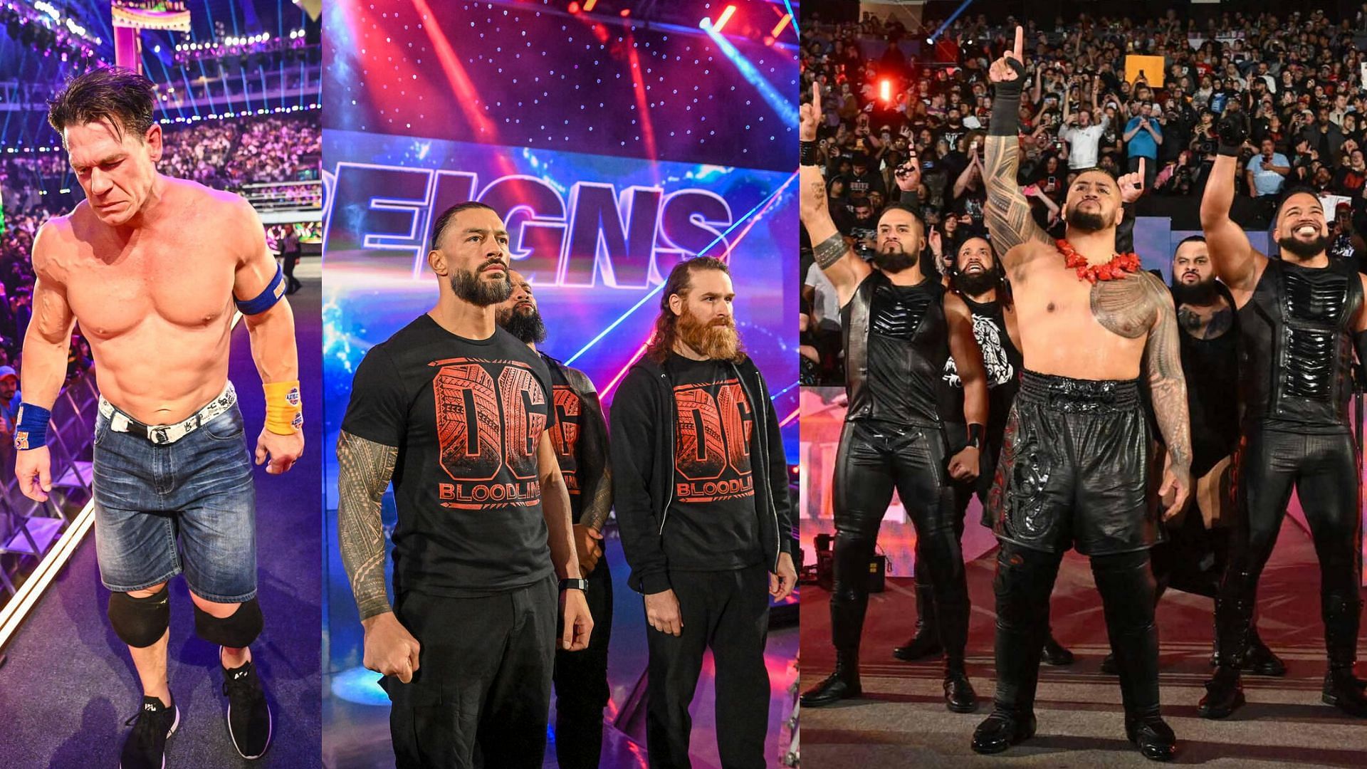 John Cena (left), OG Bloodline (middle), New Bloodline (right). [Pictures from WWE.com]