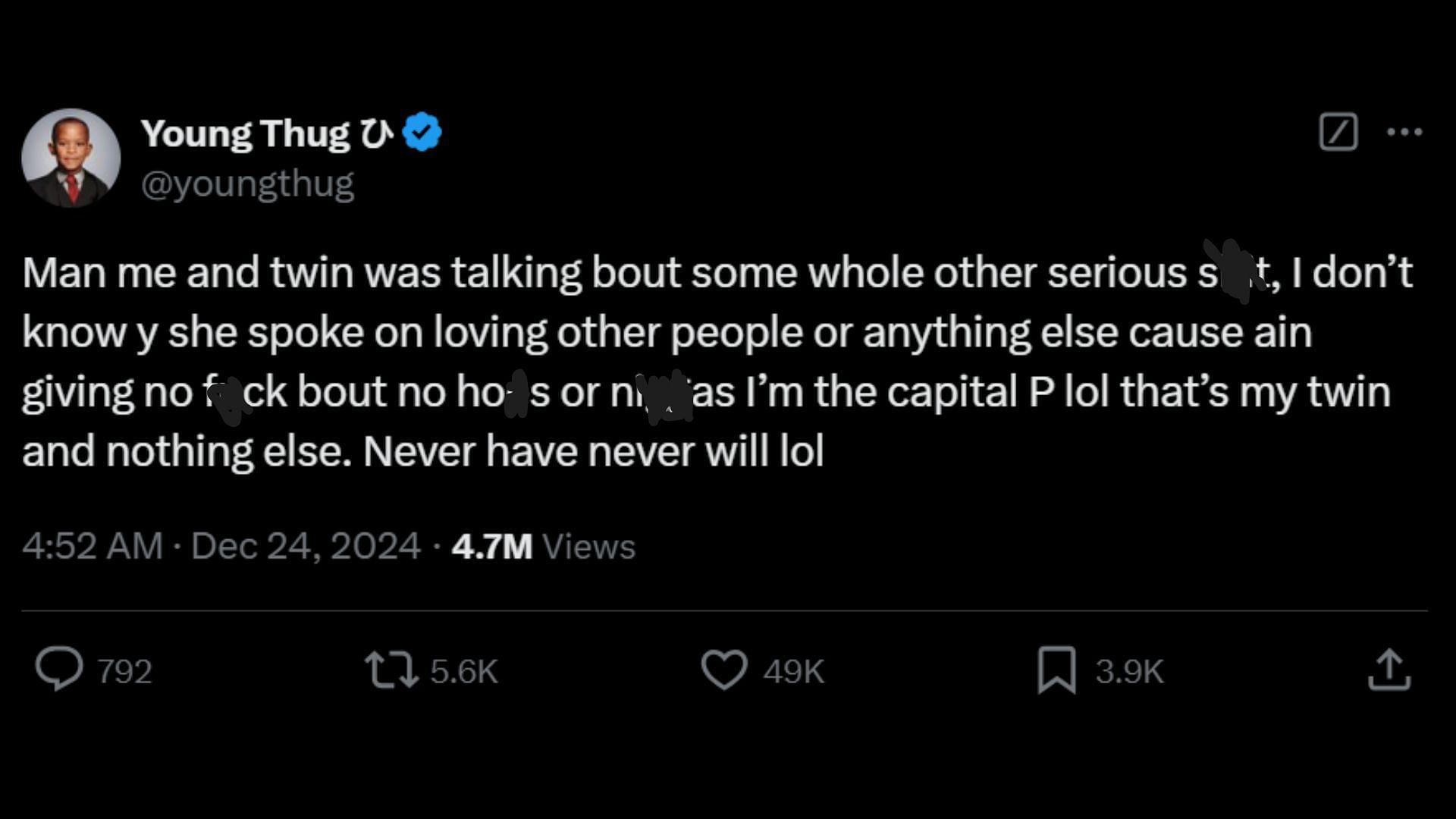 Young Thug&#039;s tweet dated December 23, 2024 (Image via x/@youngthug)