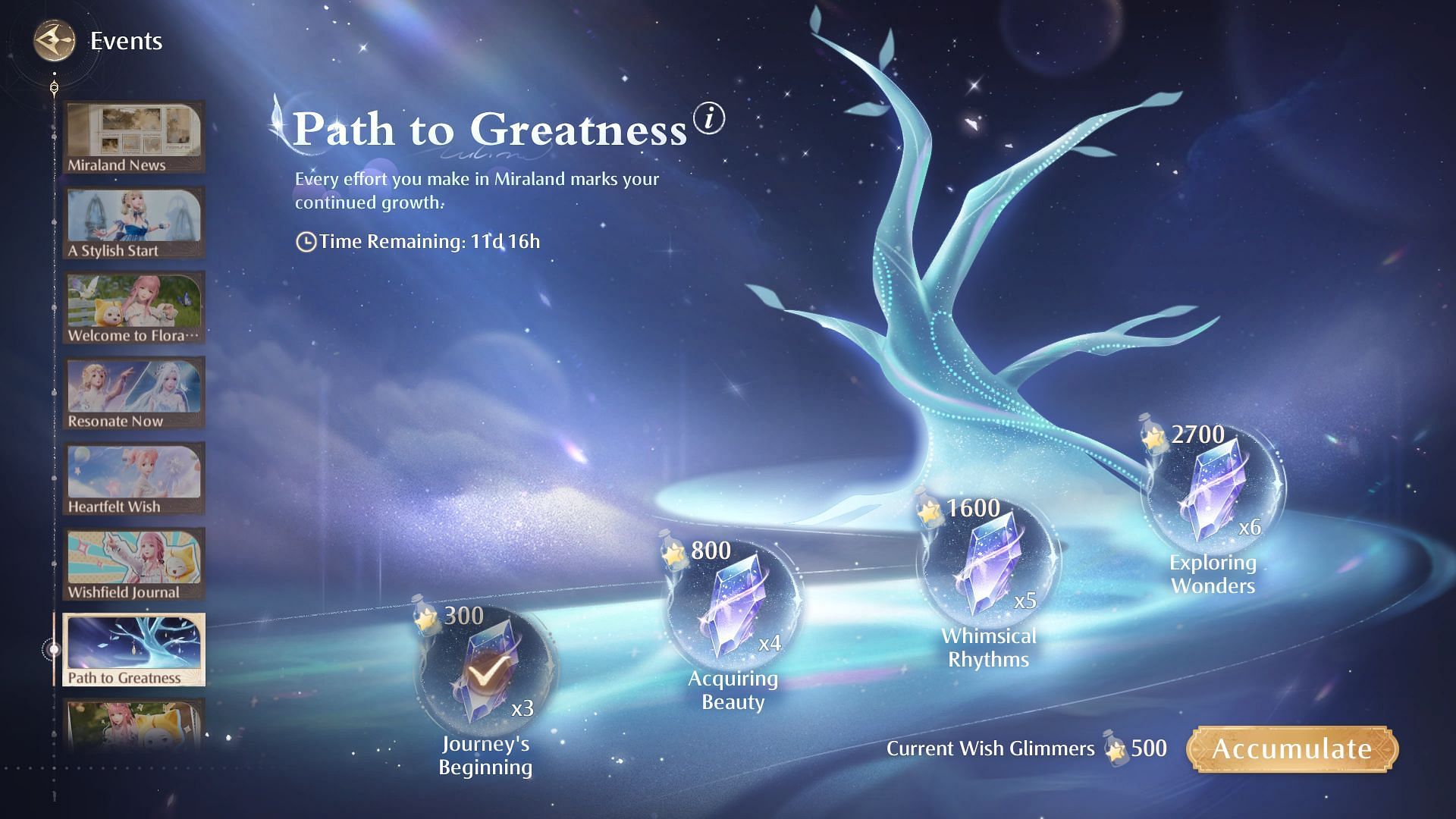 Accumulate Wish Glimmers in the Path to Greatness event (Image via InFold Games)