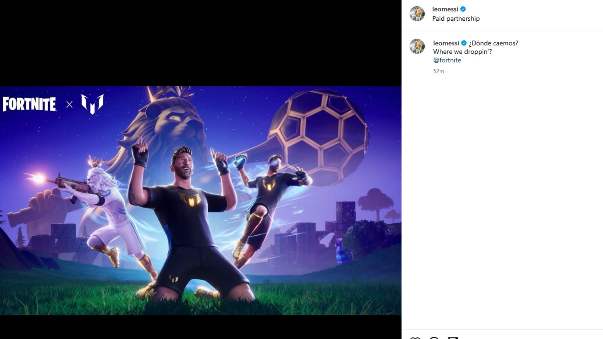 Lionel Messi posts about Fortnite crossover (Image via Instagram)