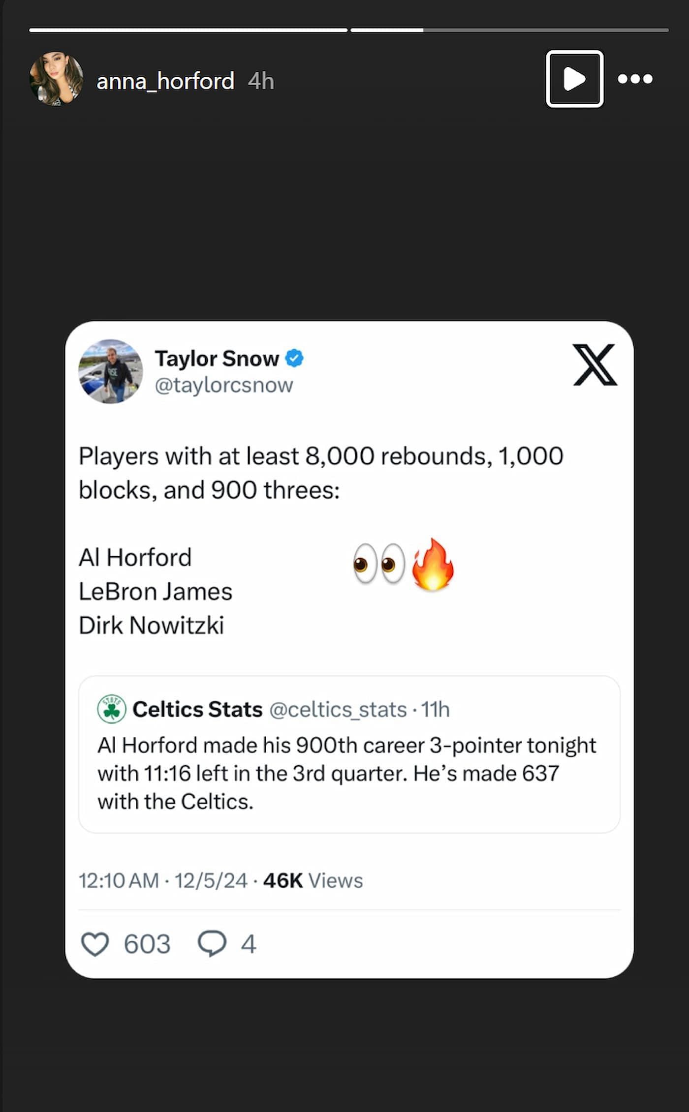 Anna Horford reshared Celtics insider Taylor Snow&#039;s post about Al Horford&#039;s achievement. (Credits: IG/Anna Horford)