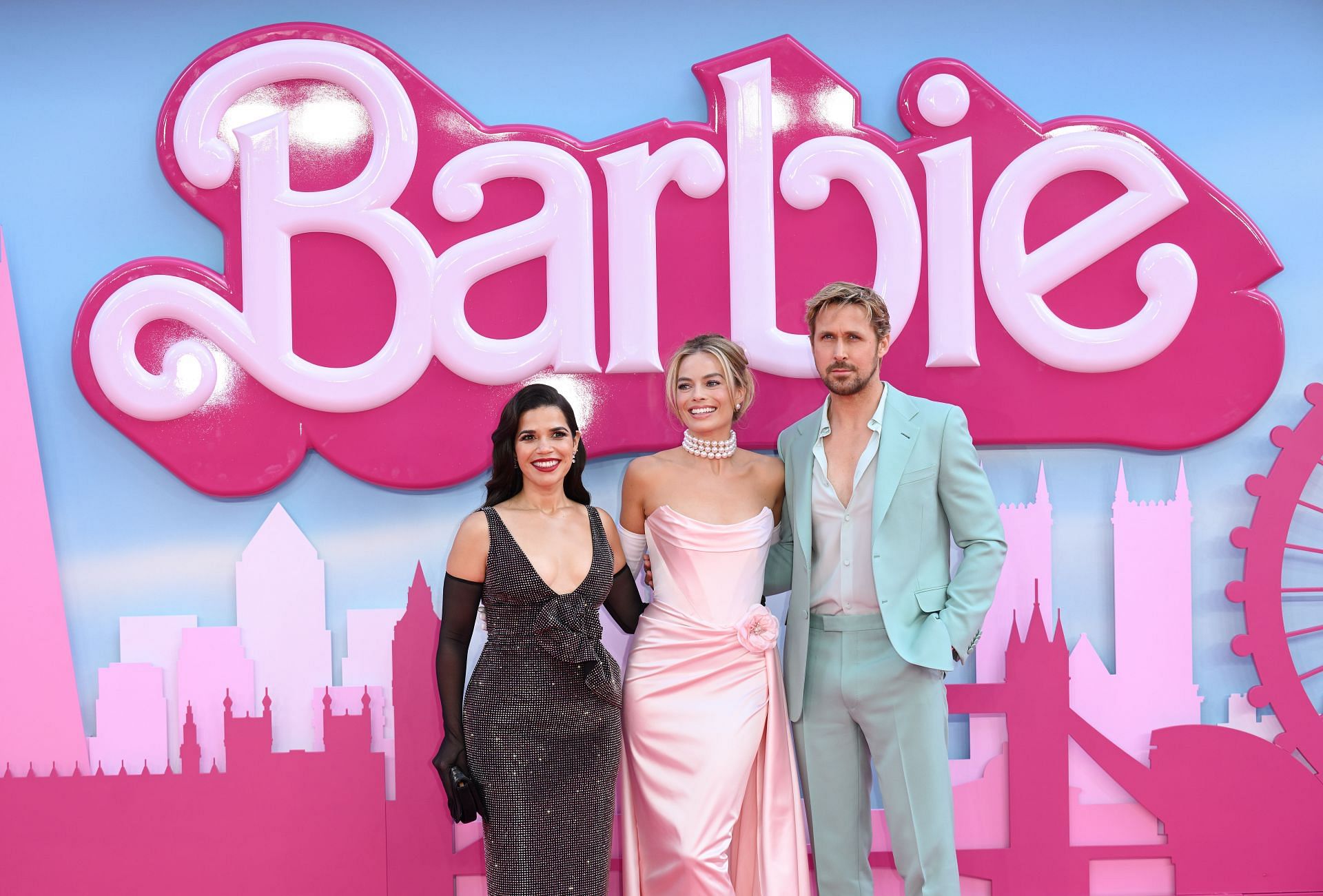 America Ferrera, Margot Robbie, and Ryan Gosling at the European premiere of Barbie in July 2023 (Image via Getty)