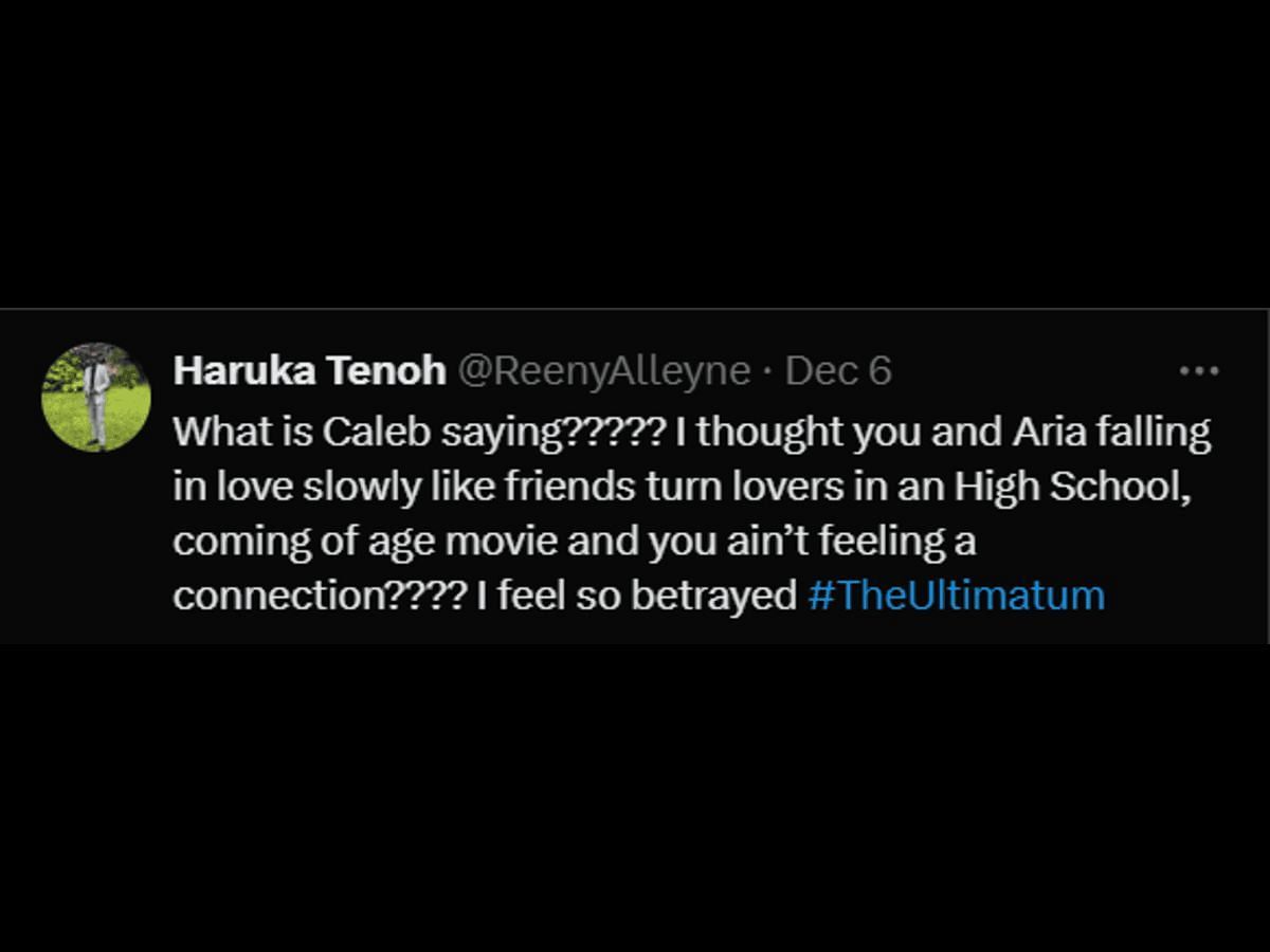 A fan reacts to Caleb calling Aria a friend (Image via X/@ReenyAlleyne)