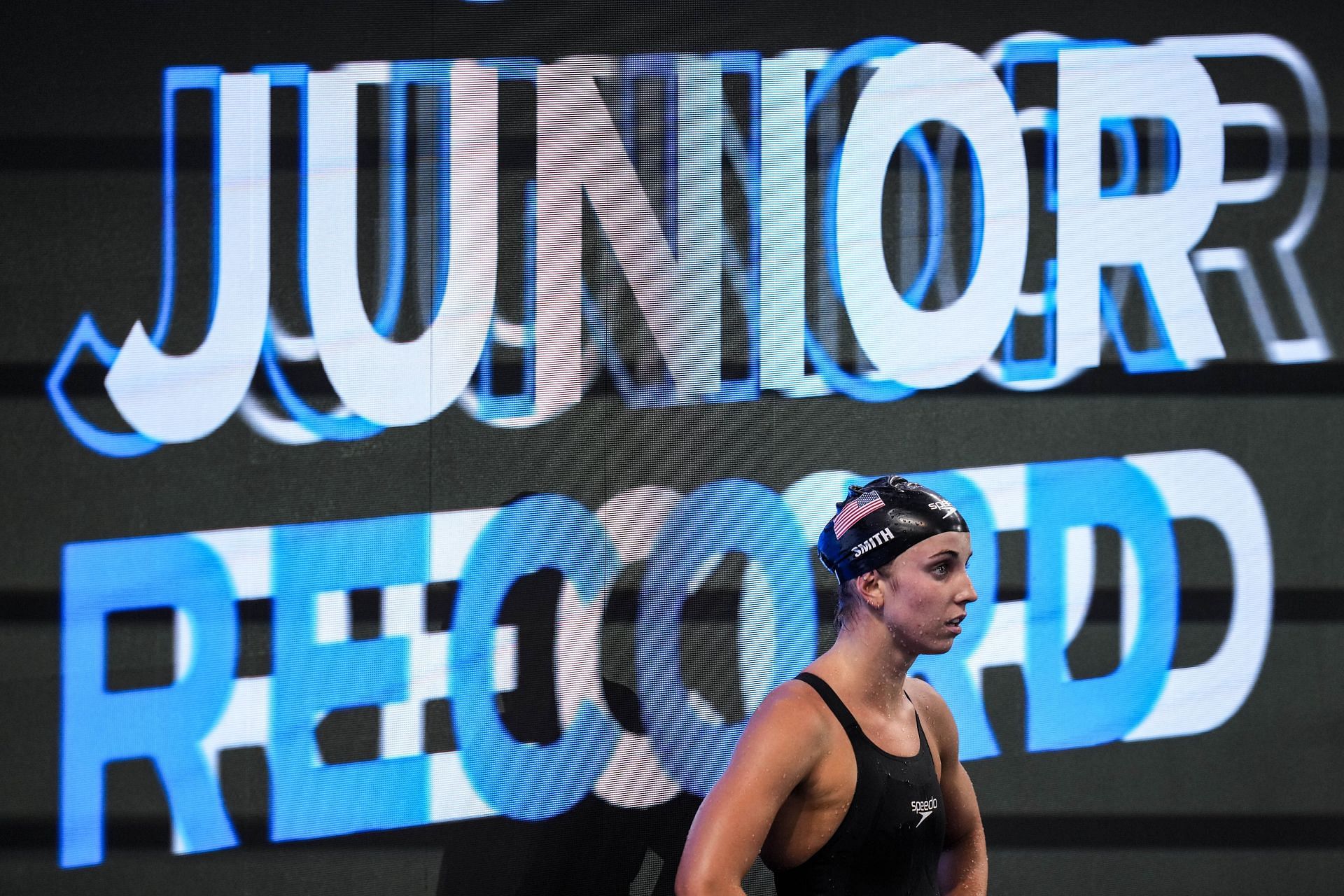 Smith during her 100m Butterfly performance on Day 1 of the World Aquatics Swimming World Cup (Image via: Getty Images)