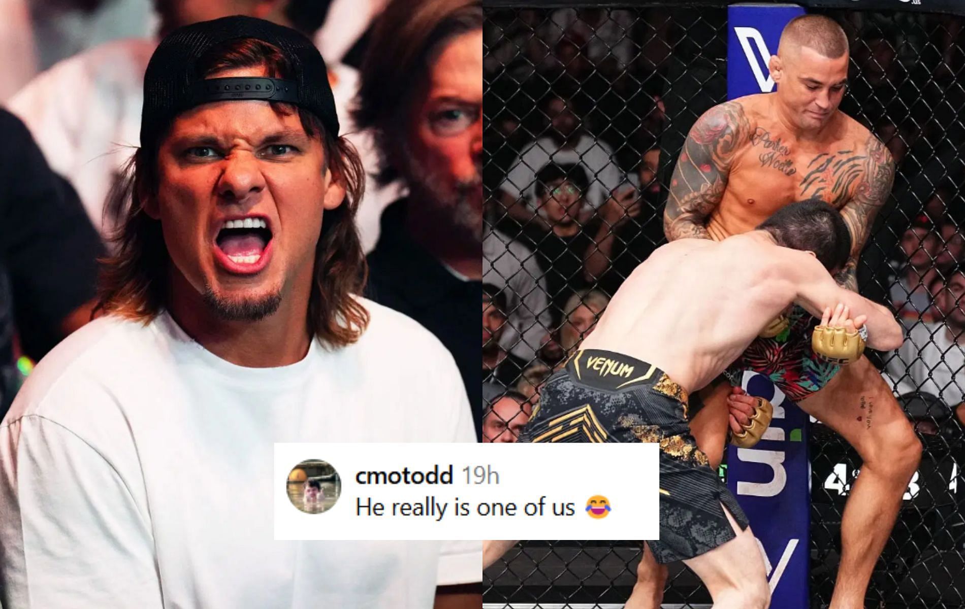 MMA fans react to Theo Von screaming at Islam Makhachev for attempting a takedown on Dustin Poirier. [Image Courtesy: Getty Images] 