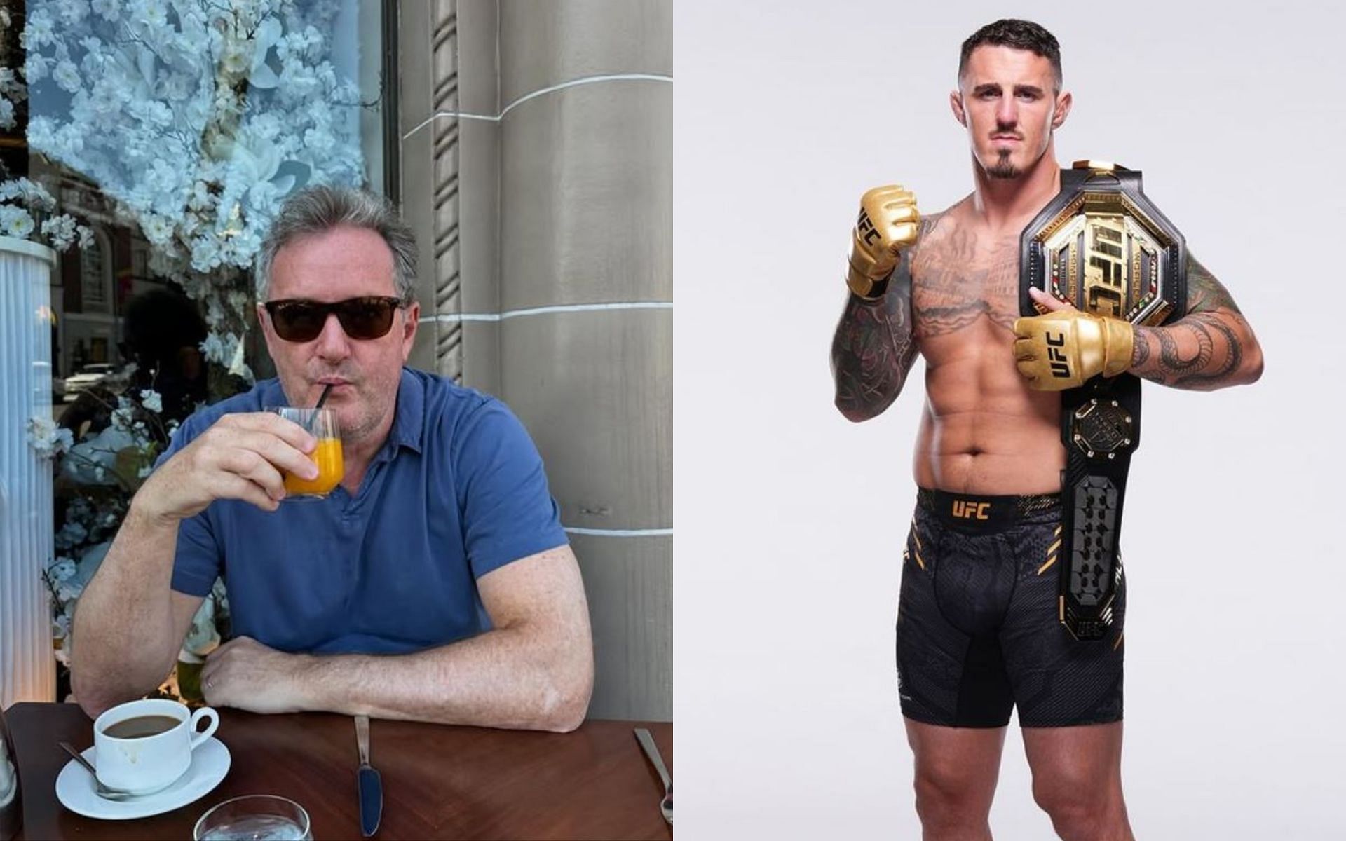 Piers Morgan (left) interviews Tom Aspinall (right) today. [Image credit: @PiersMorgan on x, @piersmorgan, @tomaspinallofficial on Instagram]