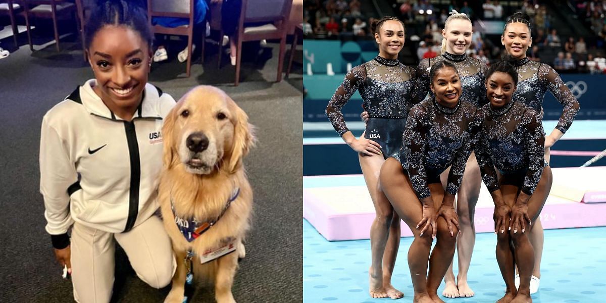 USA Gymnastics therapy dog Beacon returned home after being hospitalized. (Imsge: left - Instagram@goldendogbeacon, right- Getty)