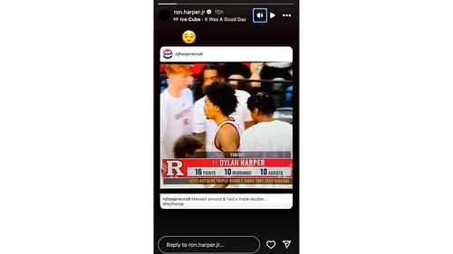 R. Harper Jr. posts a message of support for his brother Dylan after he recorded a triple-double. Photo Credits: Ron Harper Jr.'s IG account