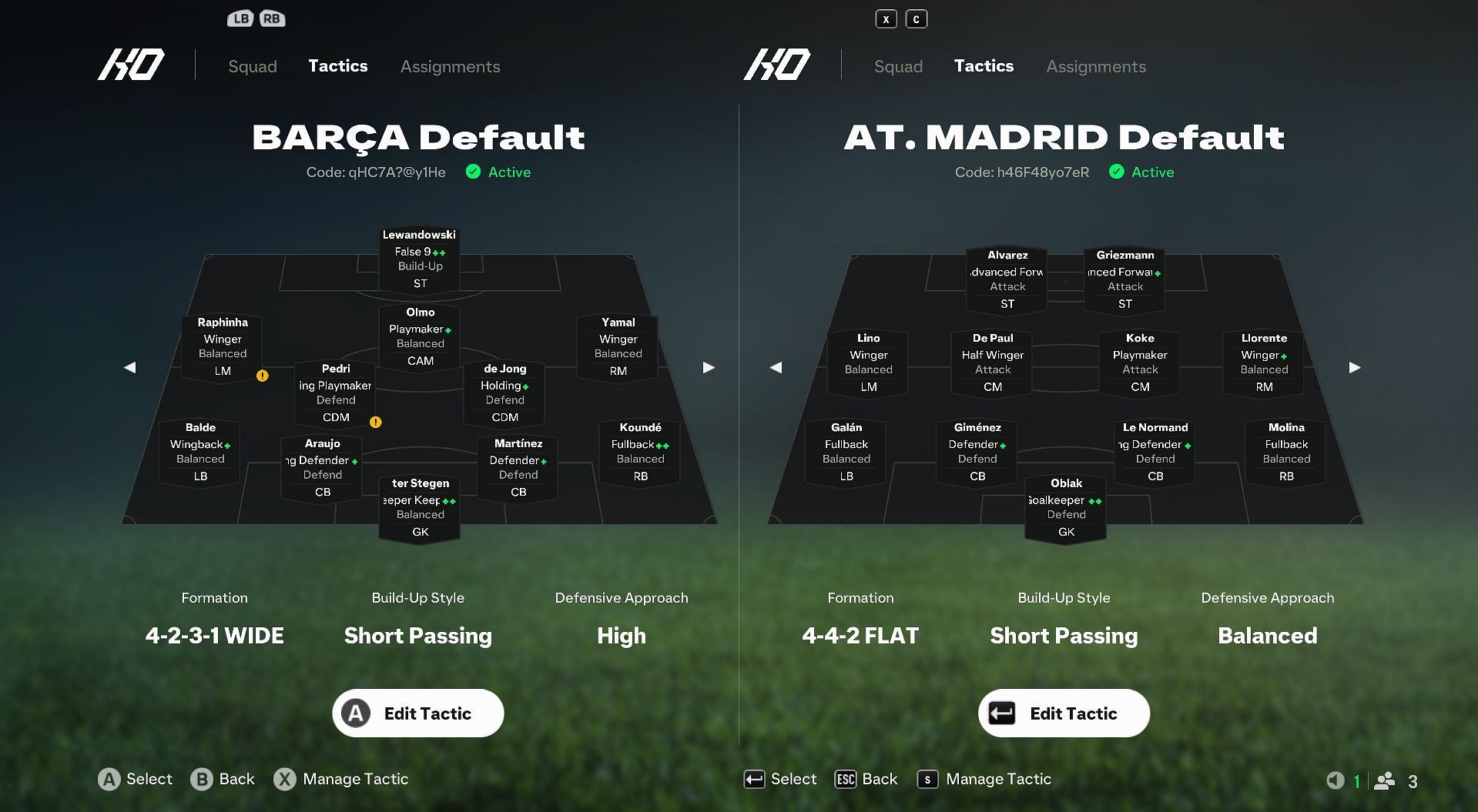 Barca vs Atletico Madrid: EA FC 25 Preset tactics and roles comparison (Image via EA Sports)