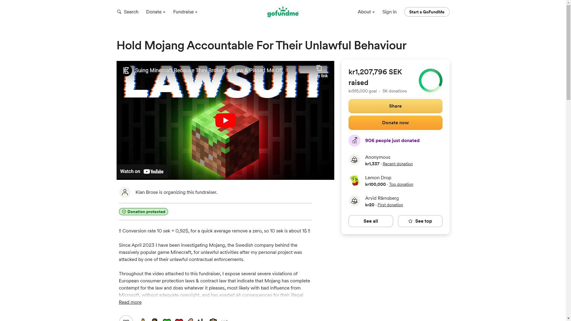 Brose&#039;s GoFundMe for the lawsuit against Minecraft has already raised more than $100,000 (Image via GoFundMe/Kian Brose)