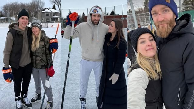 Leon Draisaitl and fiancee Celeste Desjardins enjoy Christmas morning skate with Oilers teammates and their families