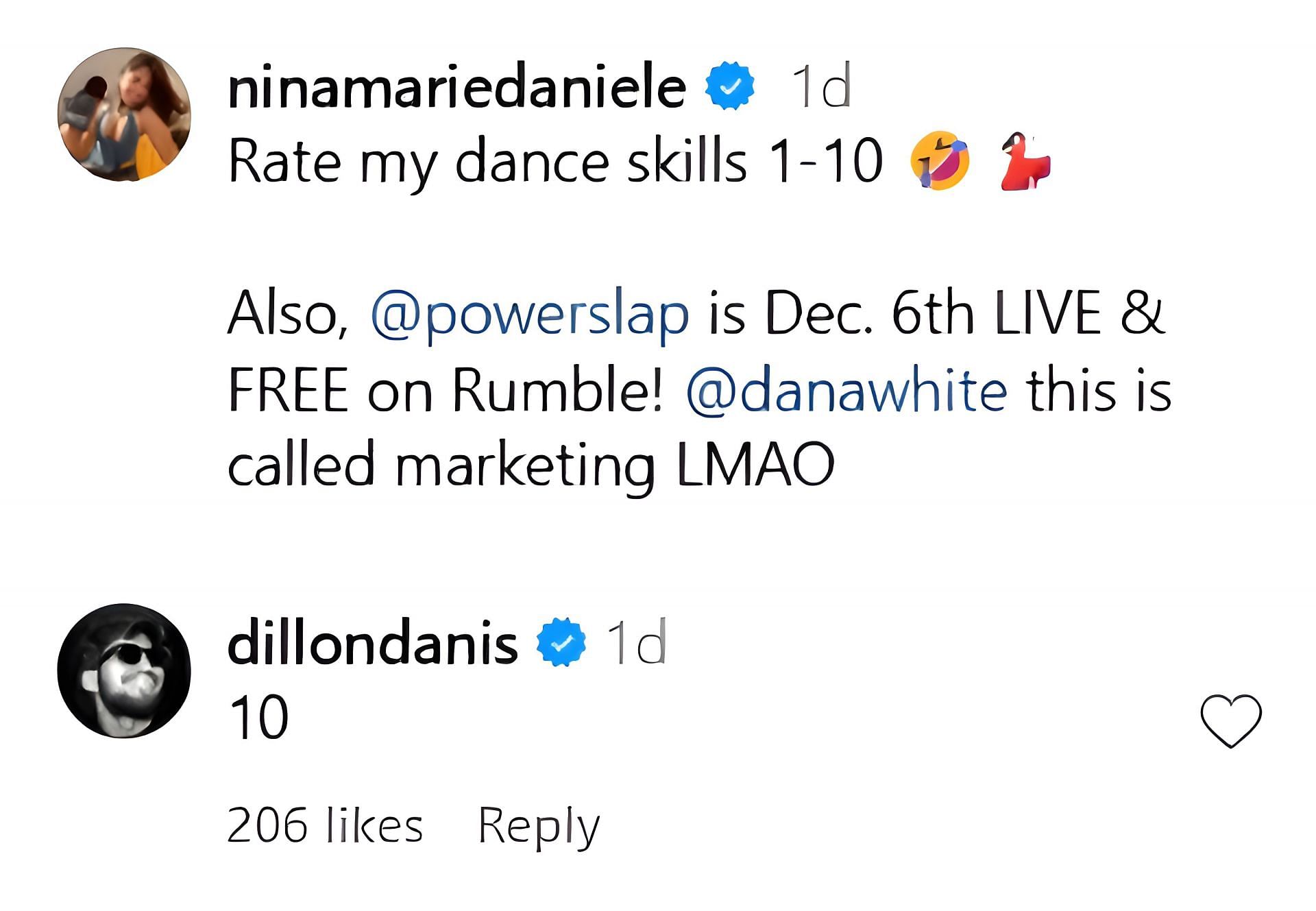 Dillon Danis&#039; comment on Nina-Marie Daniele&#039;s Instagram post. [Image Courtesy: @ninamariedaniele on Instagram]