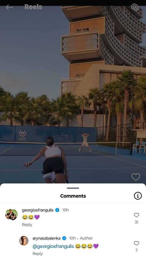 Aryna Sabalenka and her boyfriend Georgio Frangulis react to the player's hilarious challenge with her team,, (Source: Instagram, https://www.instagram.com/p/DDcgkLkuUtt/)