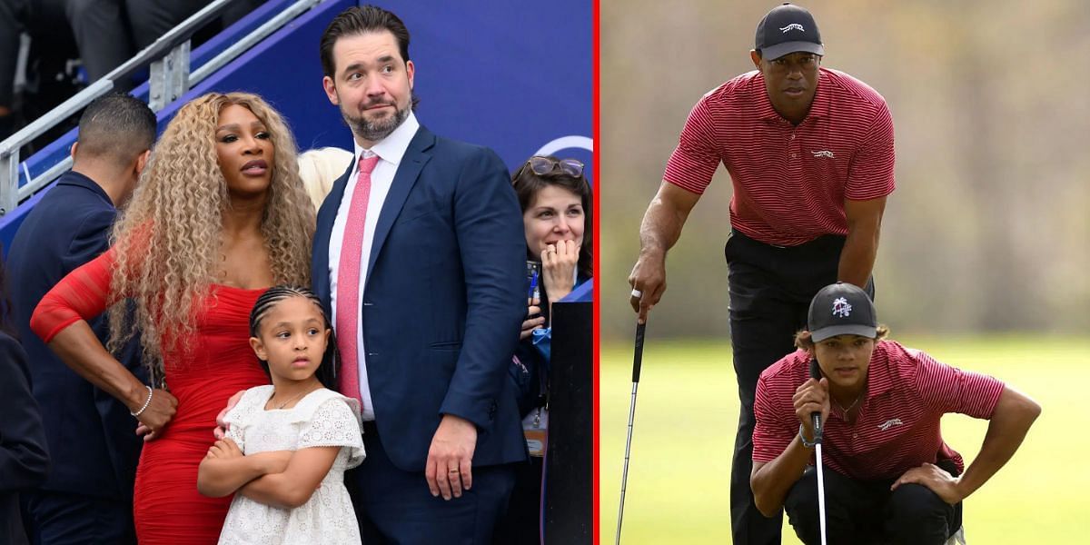 Serena Williams, Alexis Ohanian and Olympia (L), Tiger Woods and Charlie (R). (Images via GETTY)