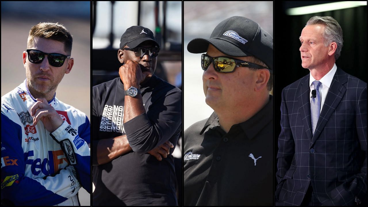 NASCAR team owners (from left) Denny Hamlin, Michael Jordan, Bob Jenkins, and NASCAR President Steve Phelps [via IMAGN and Getty]