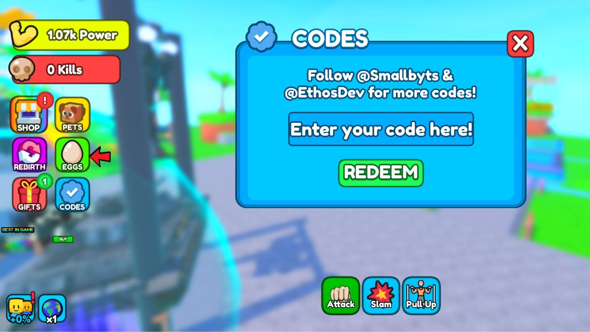 Redeem codes in Pull Up Legends (Image via Roblox)