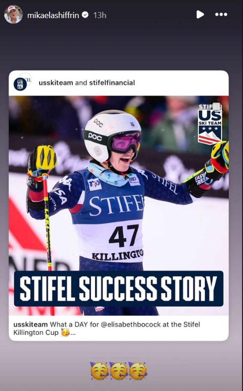 Mikaela Shiffrin reacts to teammate Elisabeth Bocock&#039;s impressive performance (via Shiffrin&#039;s Instagram story)