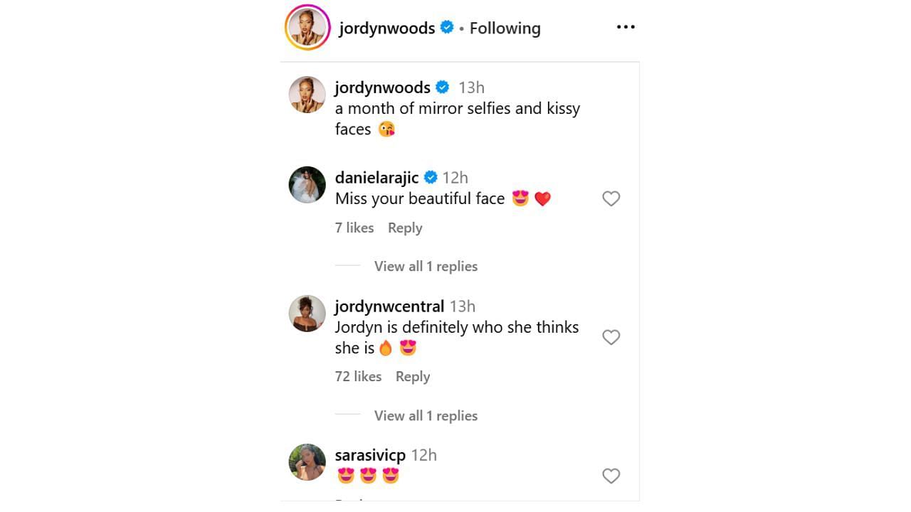 Daniela Rajic reacts to Jordyn Wood&#039;s photo dump on Instagram. [photo: @jordynwoods/IG]