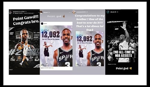 CP3 is celebrated by Stephen Curry and 15x All-Stars for his historic milestone (Image credits: Instagram stories from Stephen Curry, Shai Gilgeous-Alexander, Russell Westbrook & Devin Booker)