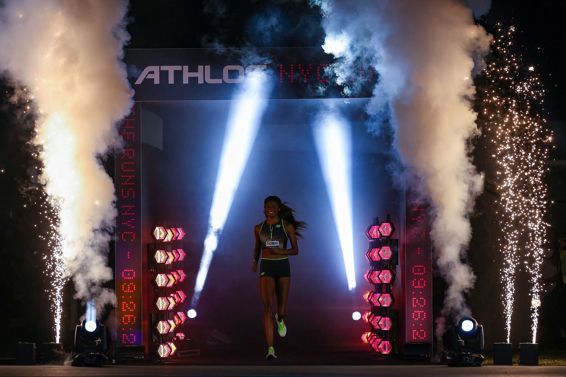 Gabby Thomas of the United States is introduced to the crowd before the 200m during Athlos NYC. (Photo by Patrick Smith/Athlos/Getty Images for Athlos)