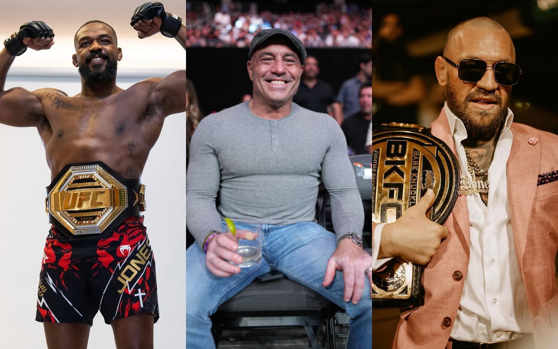 Joe Rogan (center) taks about Conor McGregor (right) and Jon Jones (left) taking drugs. [Images courtesy: @ufceurope, @thenotoriousmma on Instagram and Getty]