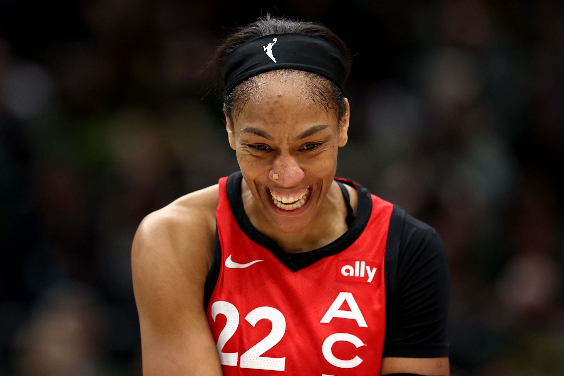 A&#039;ja Wilson reacts during the fourth quarter against the Seattle Storm - Source: Getty