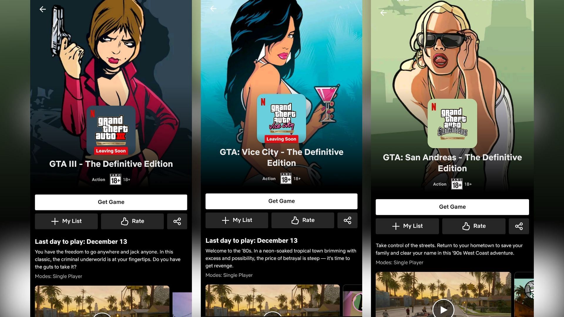 Netflix announced the departure of two GTA Trilogy Definitive Edition titles from its mobile application (Images via Rockstar Games, Netflix)