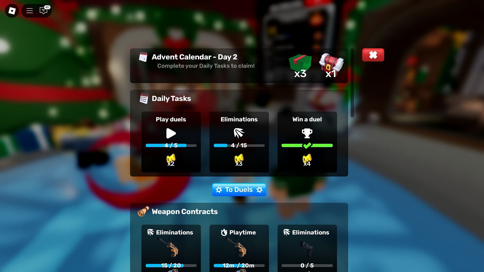 The Advent Calendar rewards in the Tasks screen (Image via Roblox)