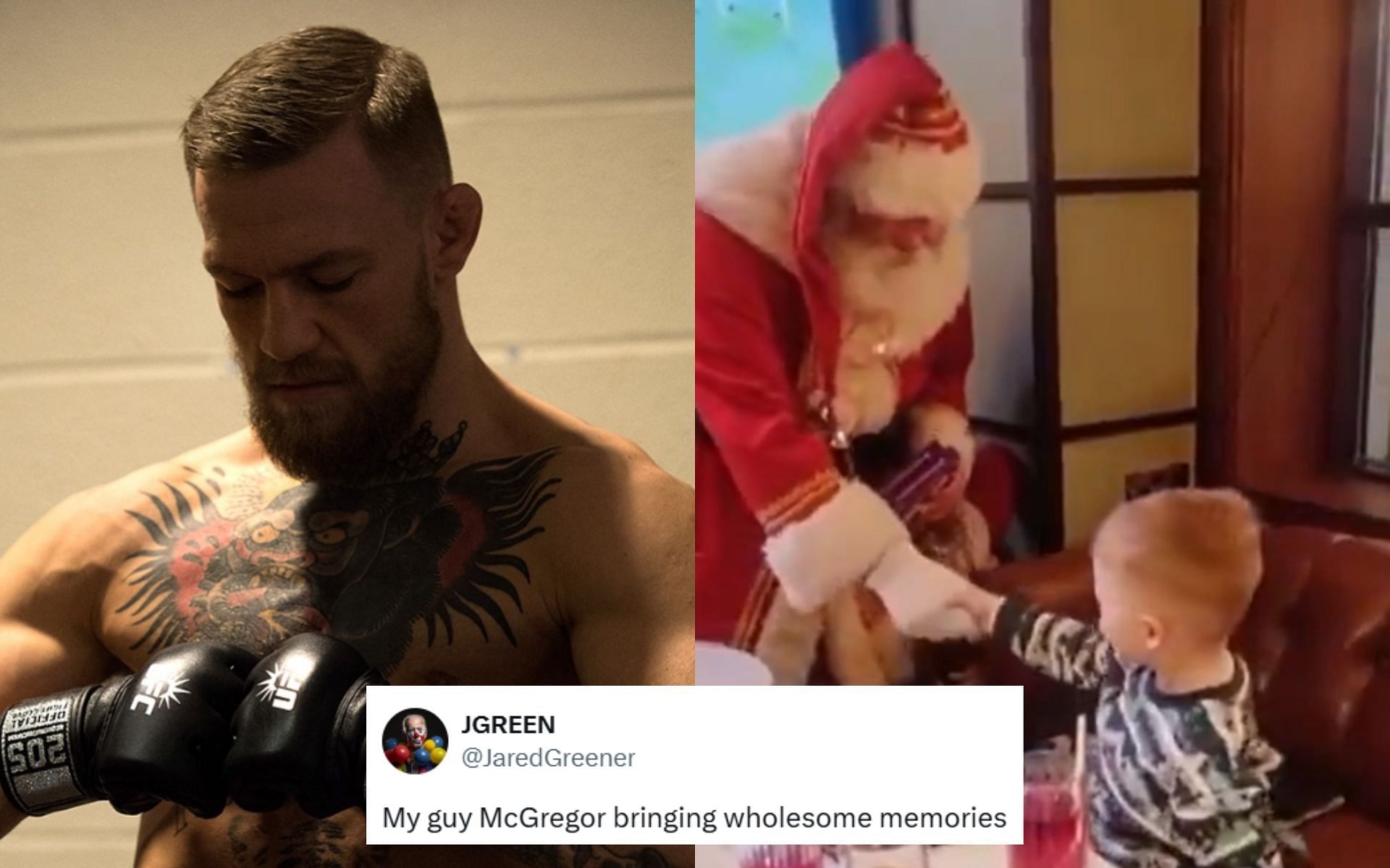 Conor Mcgregor (left) shared a wholesome video of Santa Claus visiting his old gym (right). [Image courtesy: @thenotoriousmma on Instagram and @TheNotoriousMMA on X]