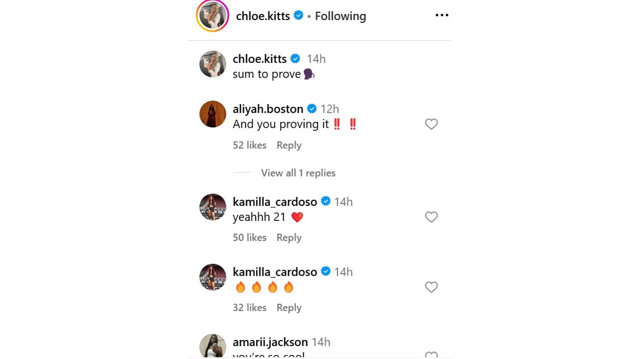 WNBA stars Aliyahh Boston and Kamilla Cardoso react to South Carolina Gamecocks Chloe Kitts&#039; Instagram post. [phohto: @chloe.kitts/IG]