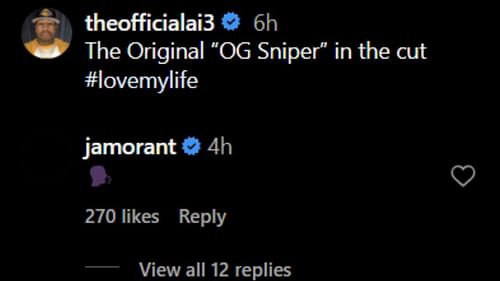 Ja Morant reacts to Allen Iverson's shout-out to Steph Curry's father "OG Sniper" Dell Curry (Image Credit: @theofficialai3 on Instagram)