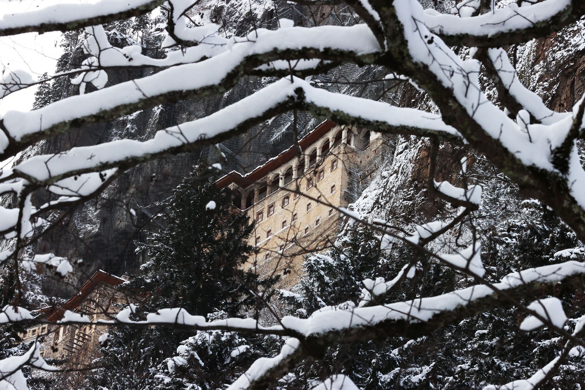 Snow-covered Sumela Monastery creates a winter wonderland in Trabzon (Image via Getty)