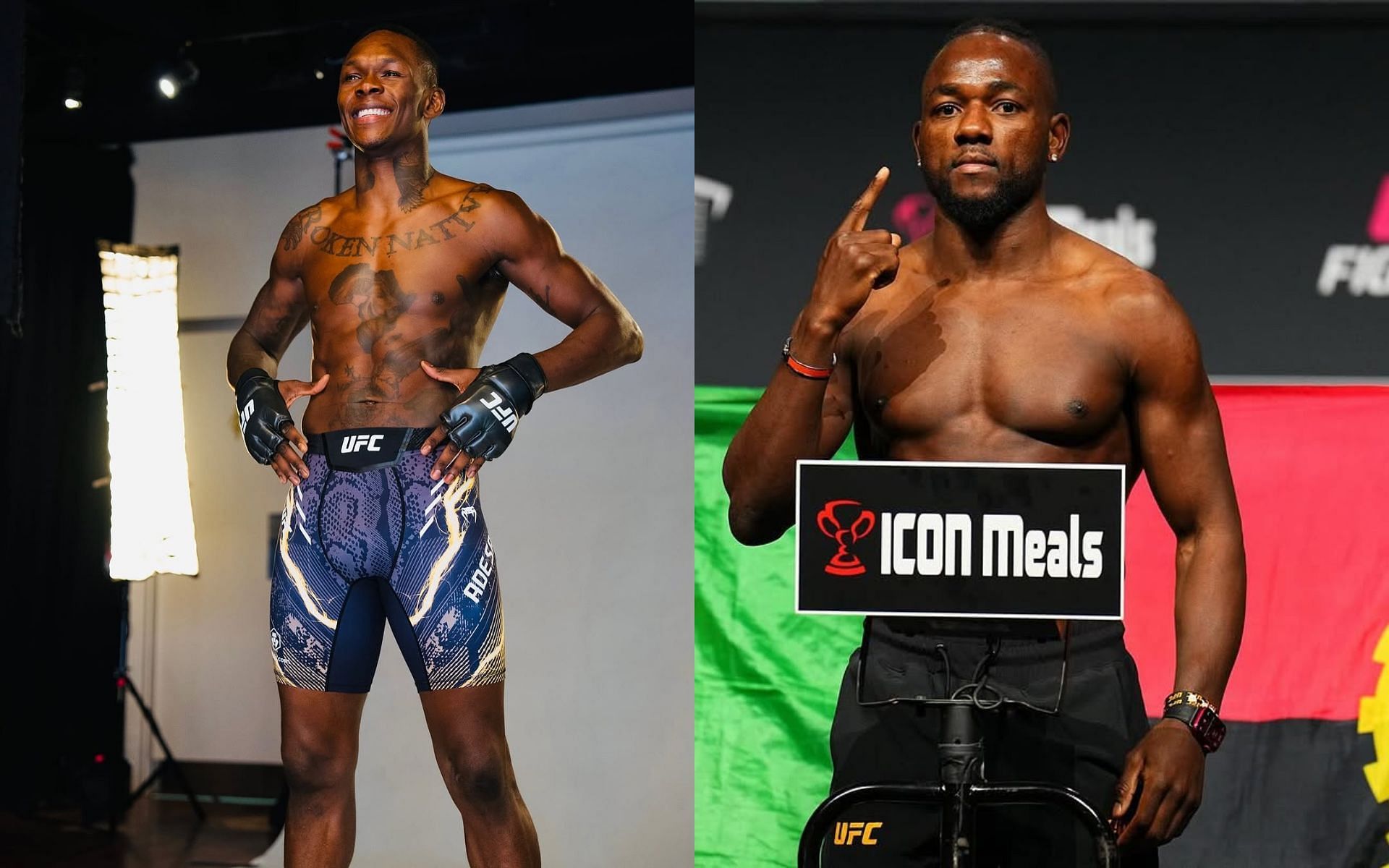  Israel Adesanya (left) reacts to Manel Kape