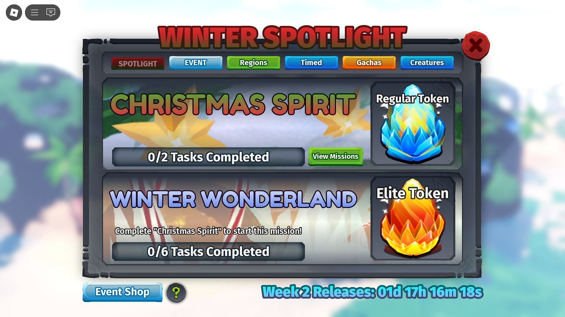 The Winter Spotlight missions tab (Image via Roblox)