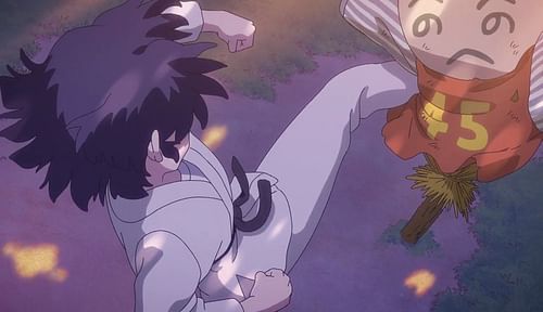 Akane takes out her anger on a Ranma dummy (Image via MAPPA).