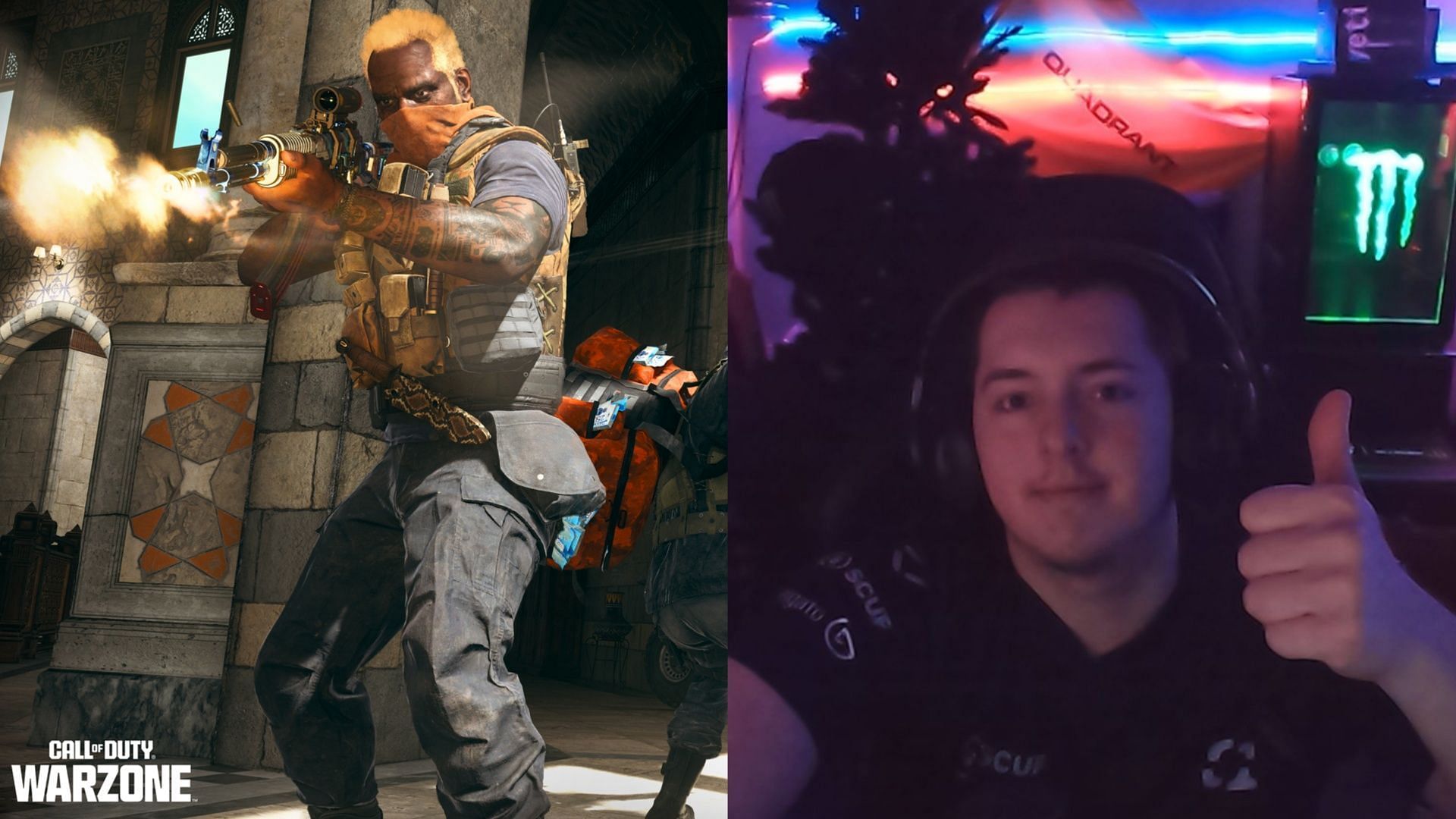 An Operator in Warzone on the left and Fifakill posing with a thumbs up on the right