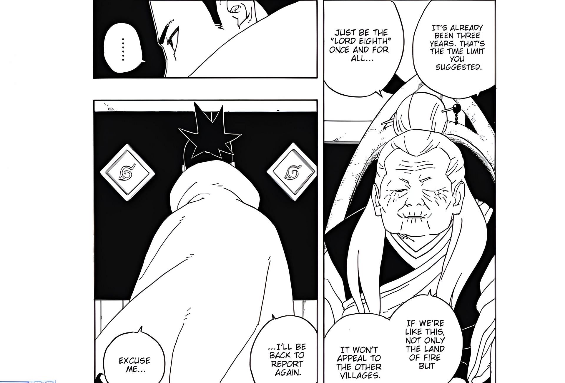 The village elders talking to Shikamaru (Image via Mikio Ikemoto and Masashi Kishimoto/Shueisha)