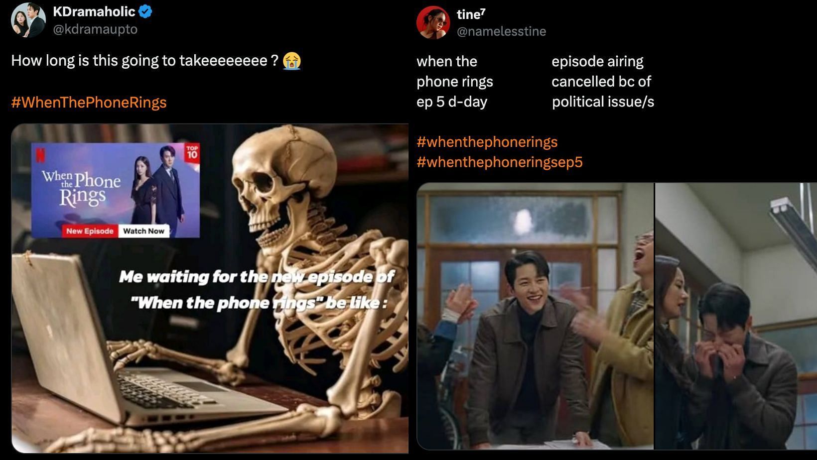 Memes flood following When The Phone Rings episode 5-6 last-minute cancellation. (Images via X/@kdramaupto and @namelesstine)