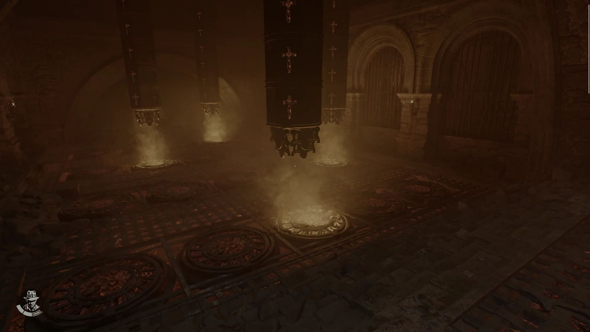 As seen from the head of the room near the lever, the correct locations of all the hanging objects can be seen with fire spewing below them. (Image via Bethesda)