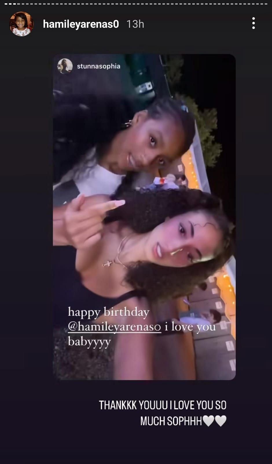 Sophia Pippen sending love to Hamiley Arenas. Image source: instagram.com/hamileyarenas0