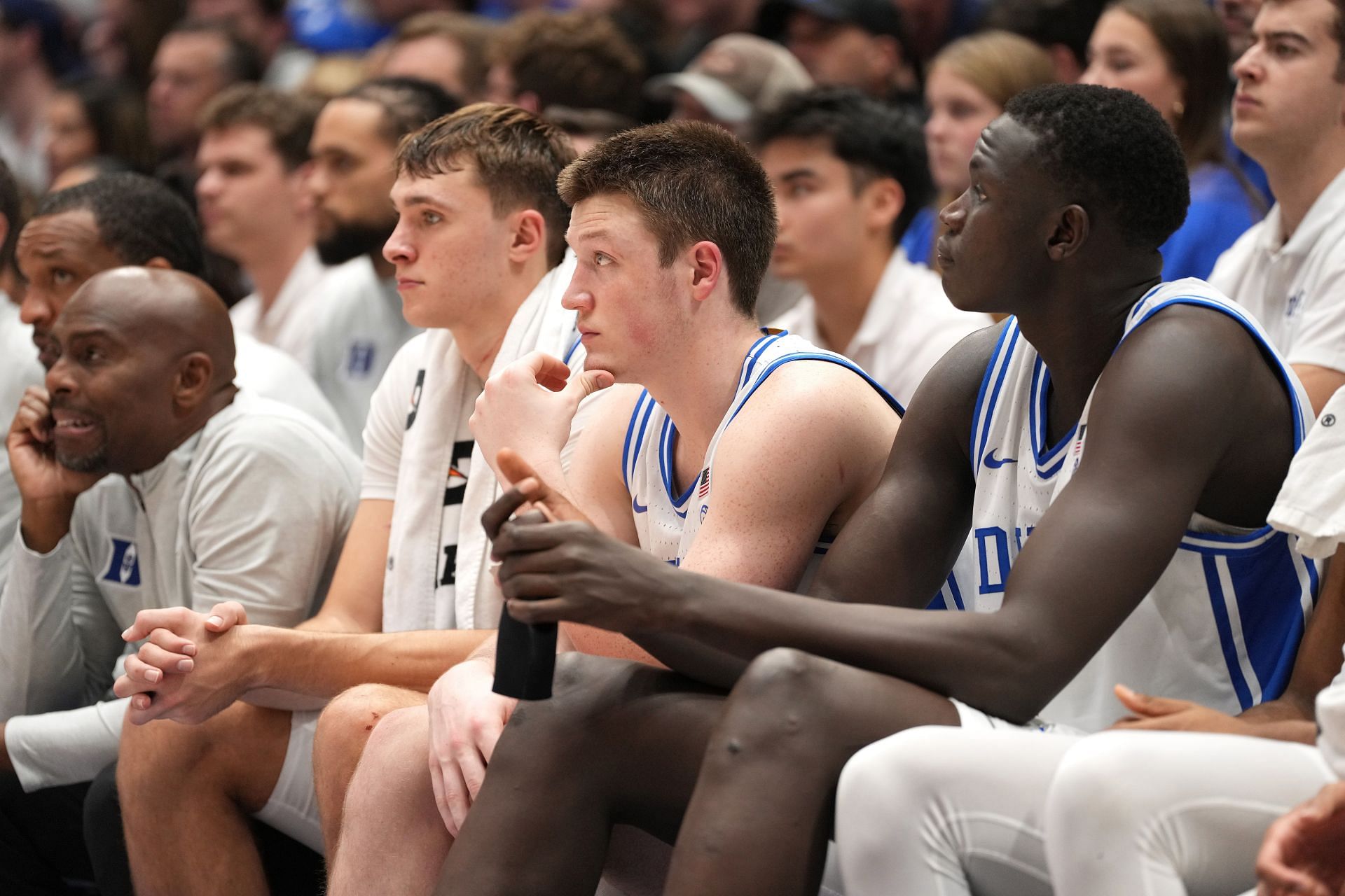 Cooper Flagg (#2), Kon Knueppel (#7) and Khaman Maluach (#9) of the Duke Blue Devils look on during the game against the Seattle Redhawks at Cameron Indoor Stadium. Photo: Getty