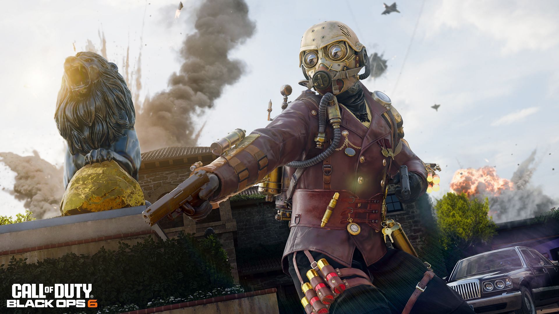 A masked Operator in Black Ops 6 holding a pistol facing the ground against a large statue of a lion