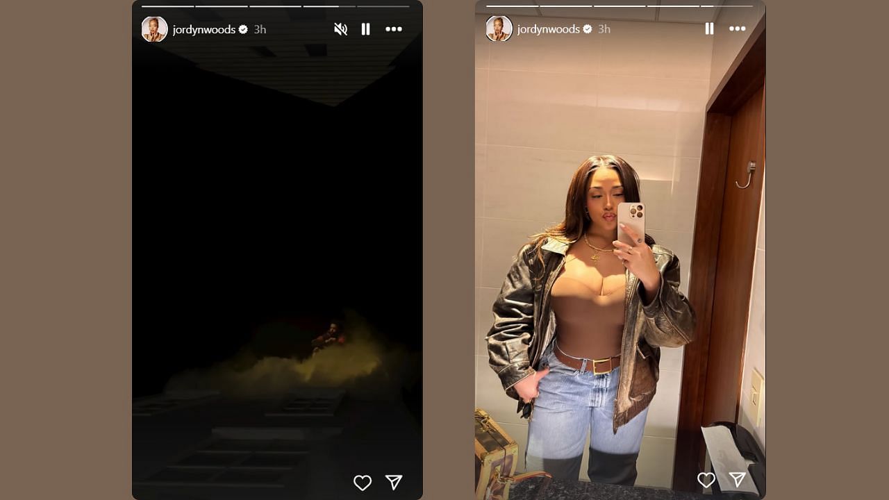 Woods shares mirror selfie showing off vintage jacket on her Ig story. (Credits: @jordynwoods/Instagram)