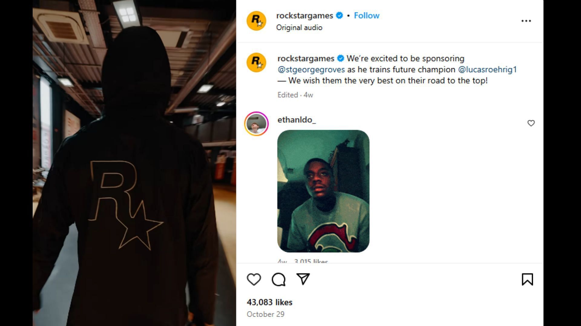 A screenshot of Rockstar&#039;s post about sponsoring the former boxer (Image via Instagram/Rockstar Games)