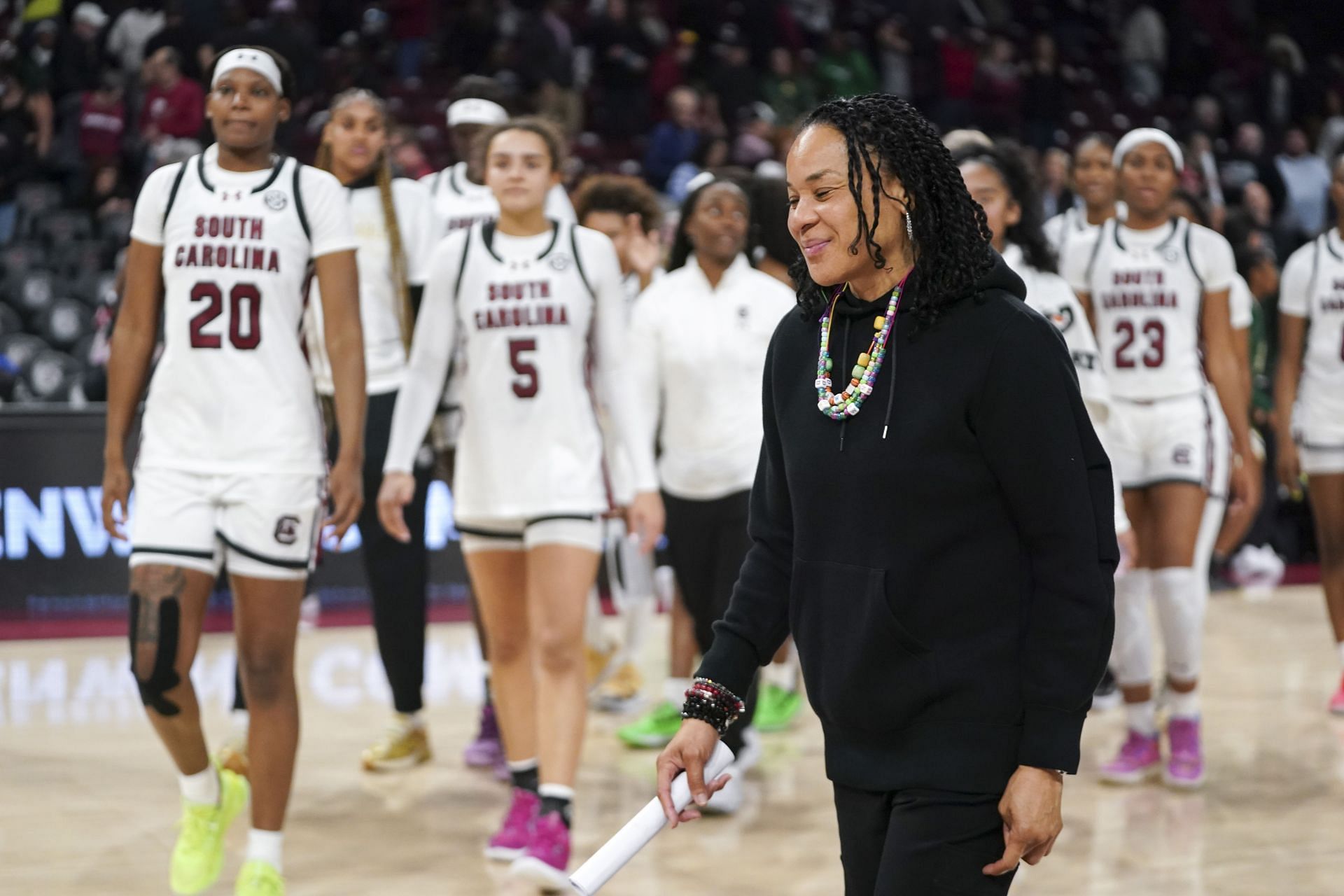 Head coach Dawn Staley of the South Carolina Gamecocks walks across the court after their game against the South Florida Bulls at Colonial Life Arena on December 15, 2024. Photo: Getty