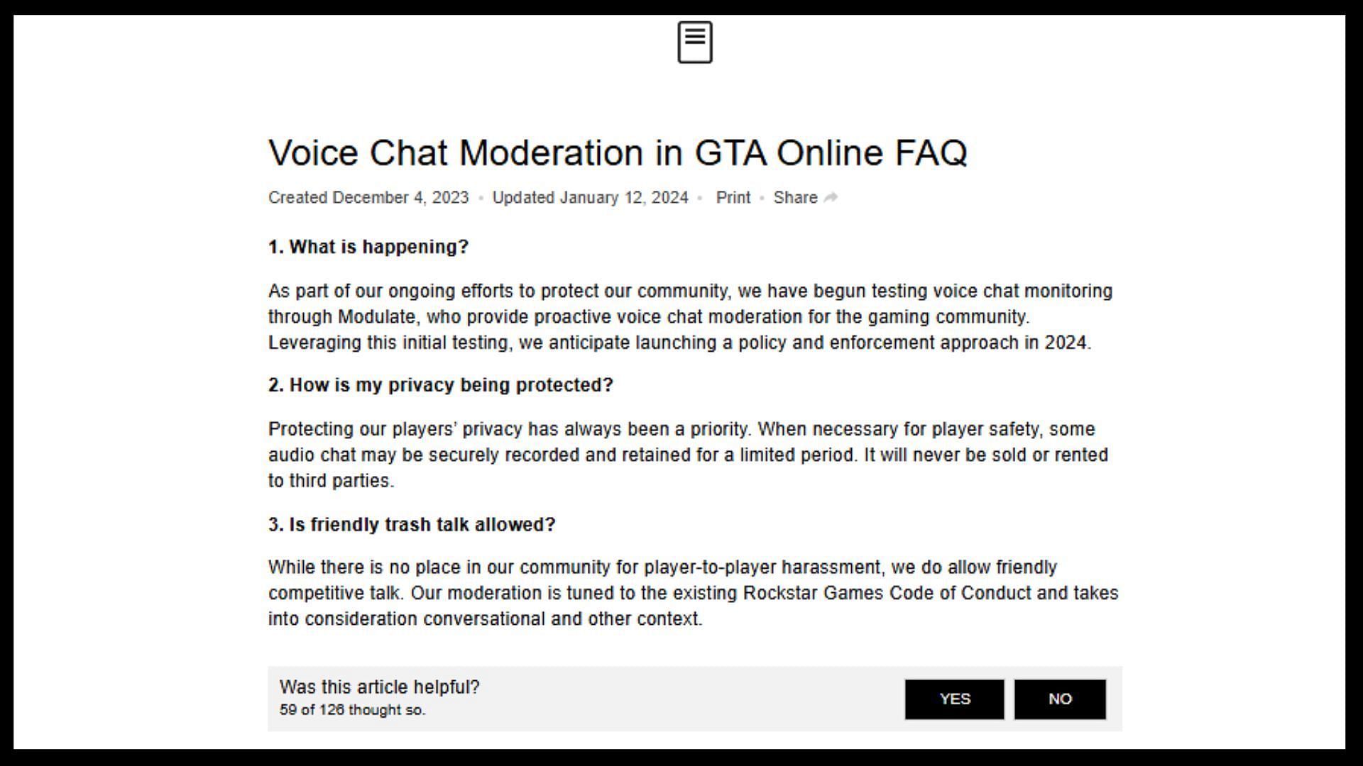 Rockstar&#039;s FAQ on AI voice chat moderation in Grand Theft Auto Online (Image via Rockstar Games)